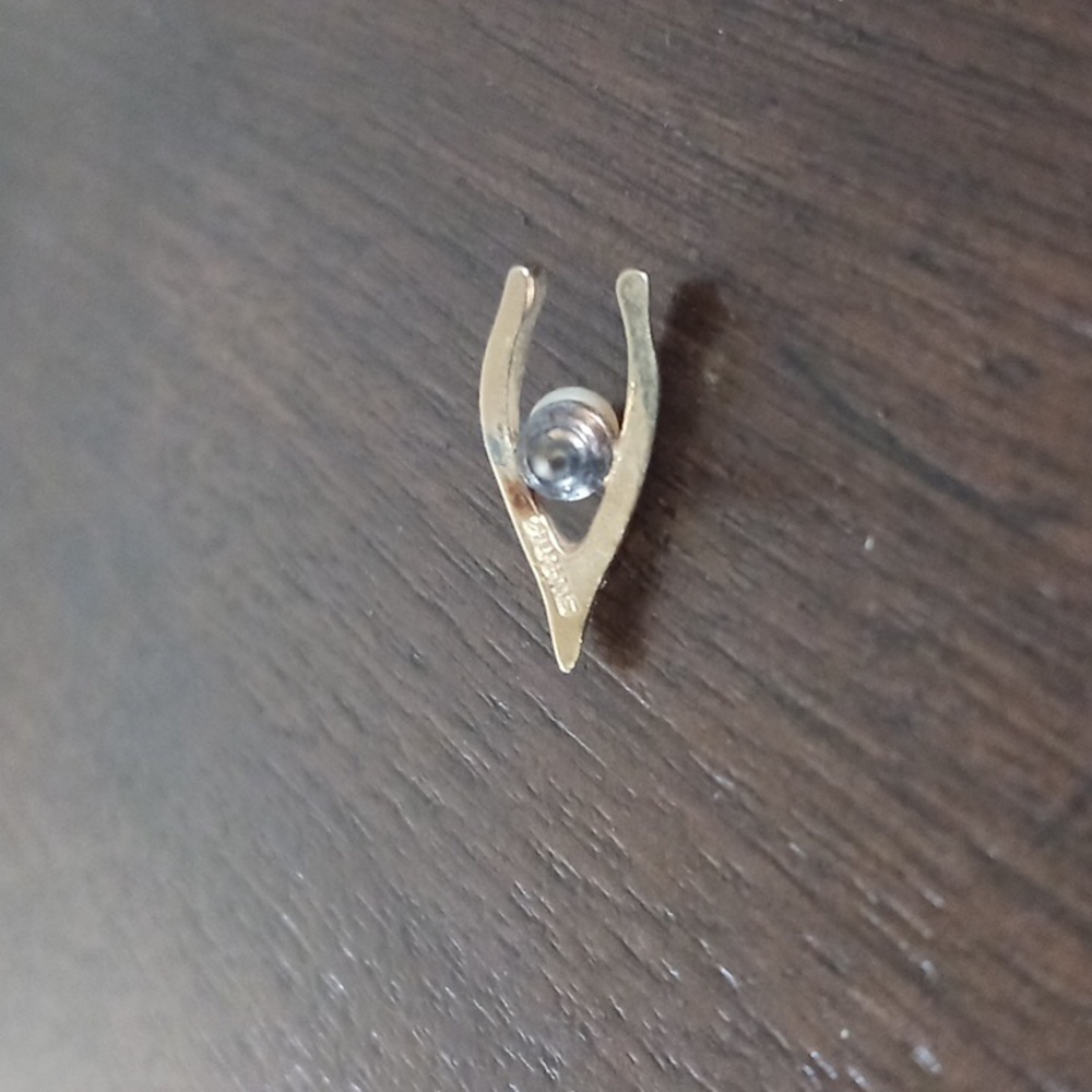 Vintage Swank Tie Tack/ Lapel  (Goldtone Faux Pearl) Wishbone & Pearl - Picture 3 of 6